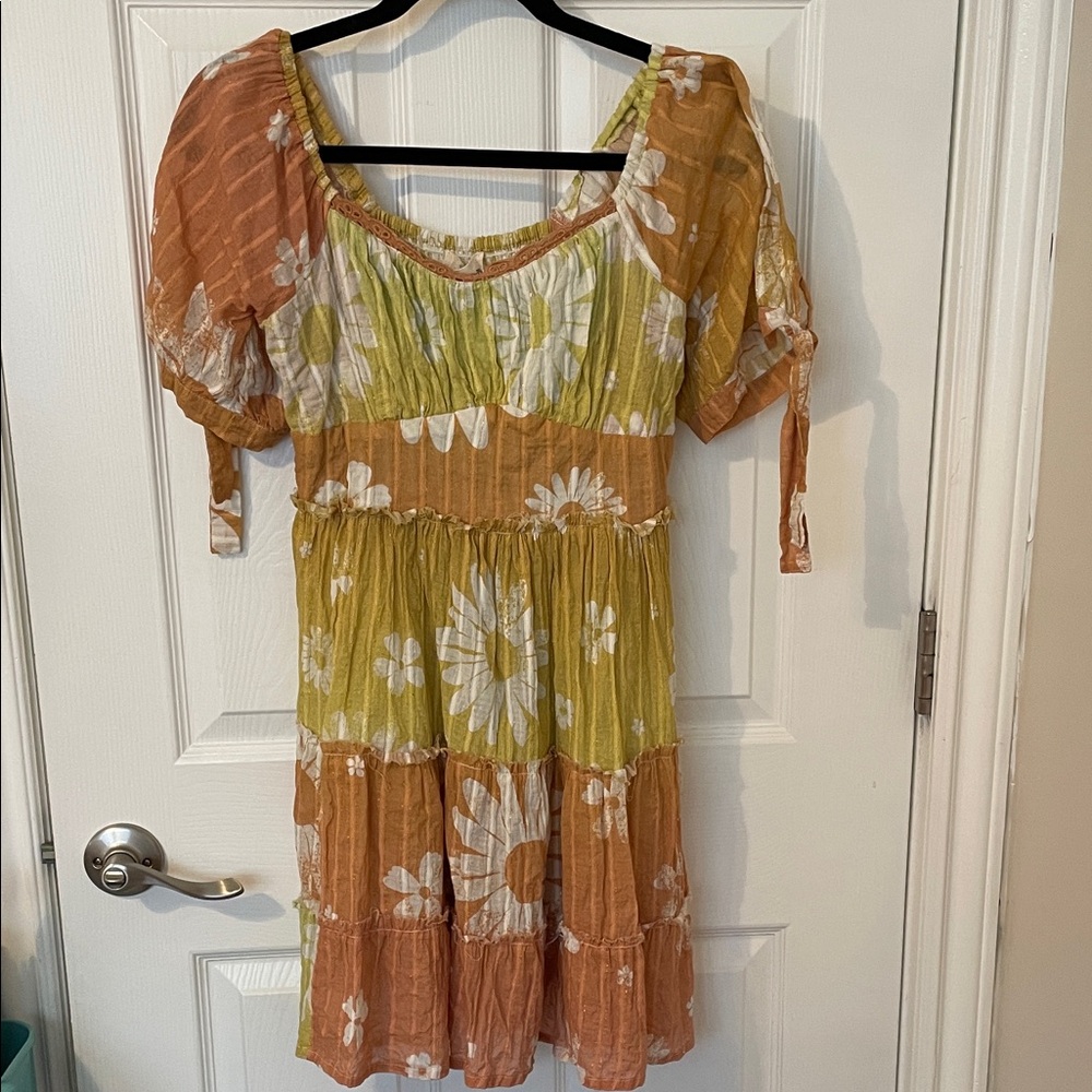 Floral Patchwork Mini Dress in Orange and Green